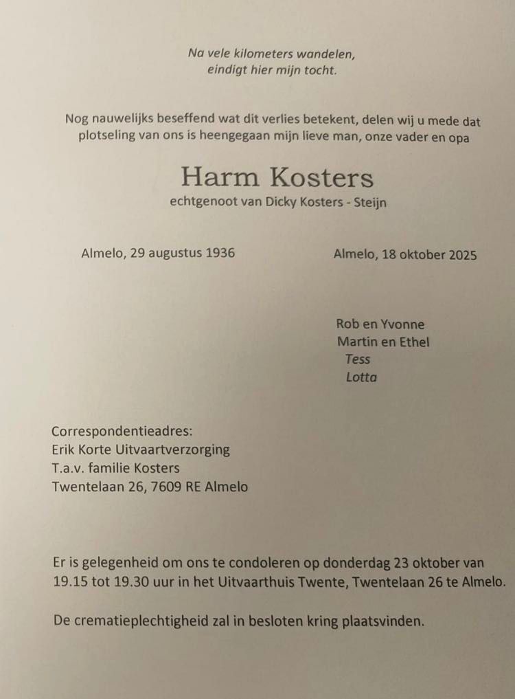 rouwkaart harm kosters